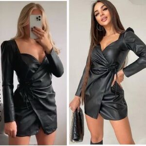 Zara Black Faux Leather Wrap Dress NEW